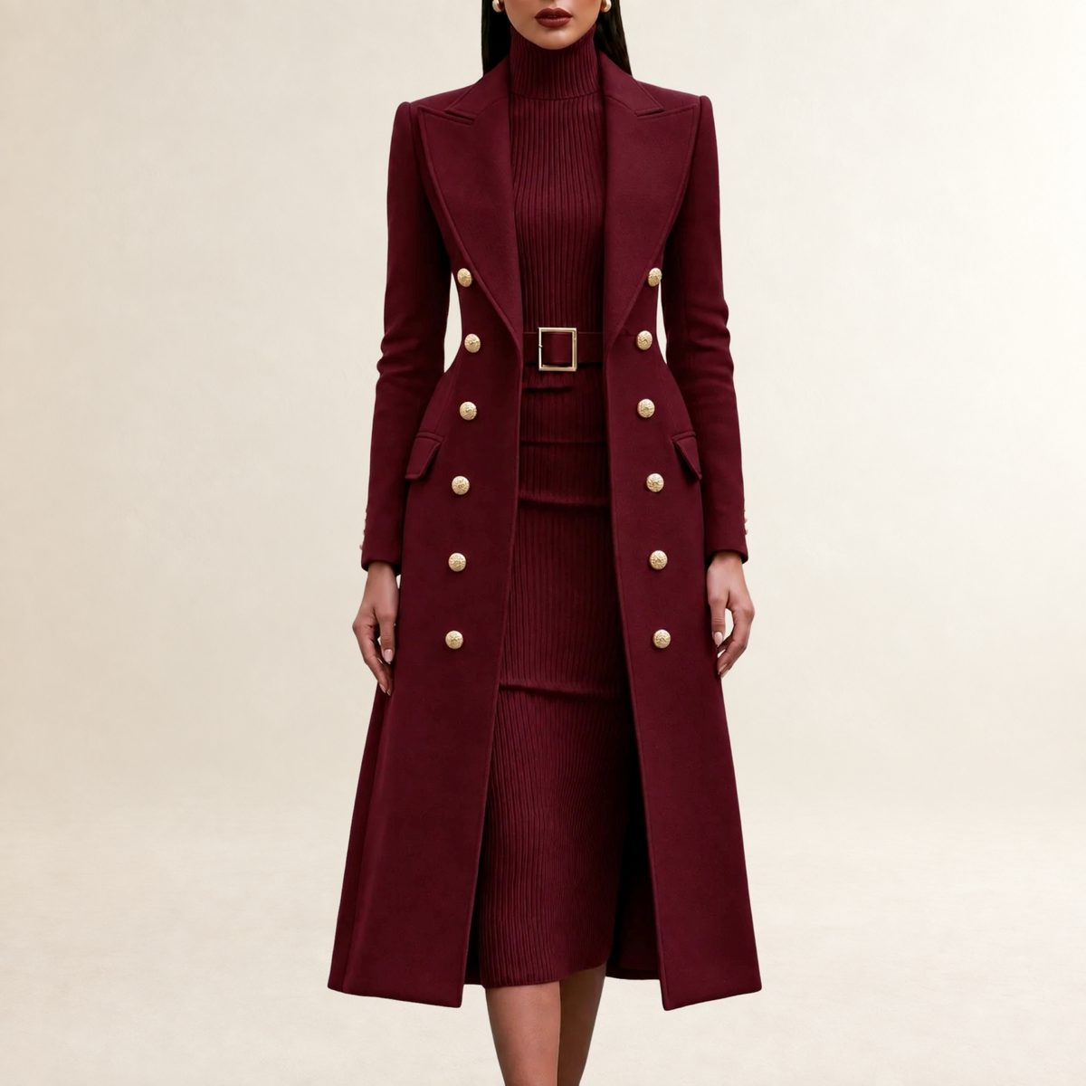 Conjunto de vestido y abrigo mujer de corte entallado con doble botonadura y cuello alto