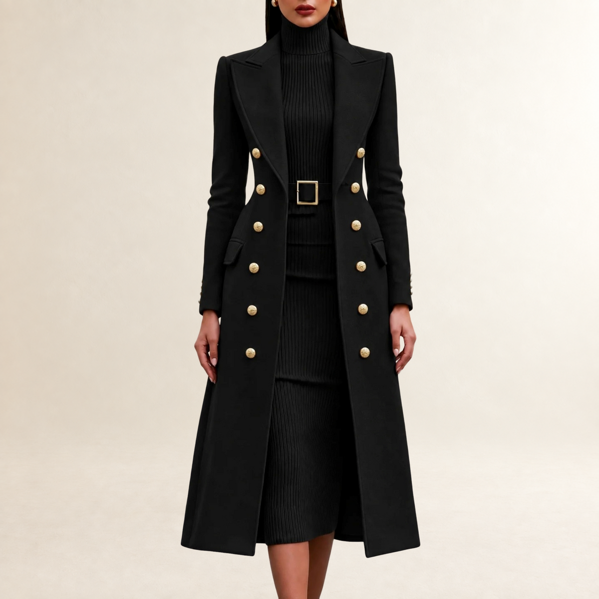Conjunto de vestido y abrigo mujer de corte entallado con doble botonadura y cuello alto