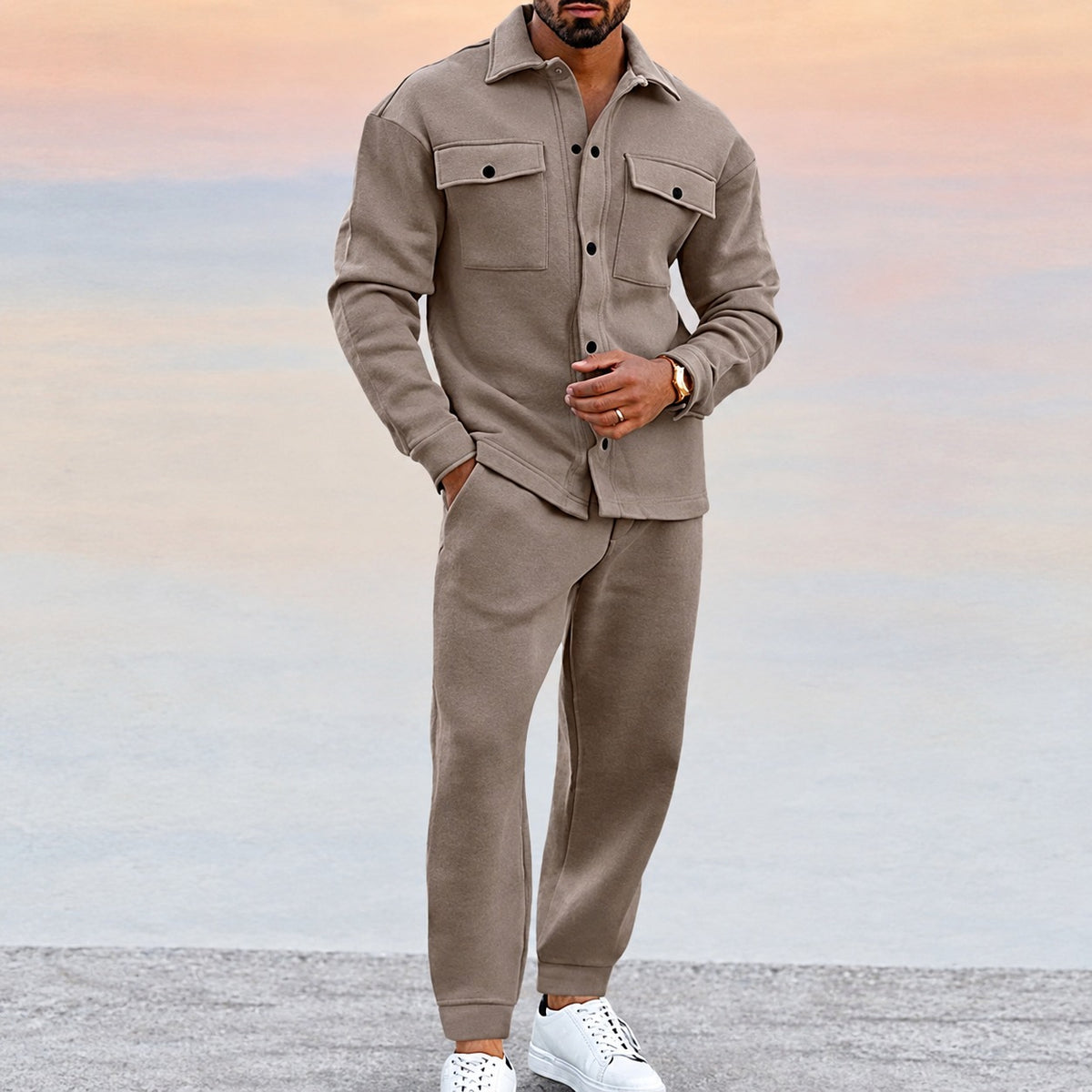 Conjunto deportivo para hombre con chaqueta de botones con bolsillos y pantalones jogger