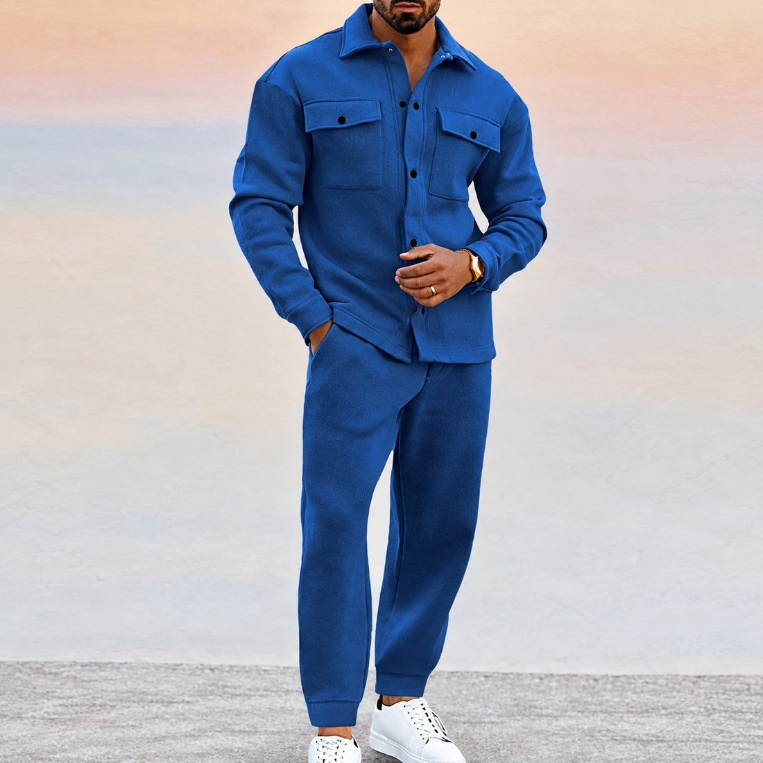 Conjunto deportivo para hombre con chaqueta de botones con bolsillos y pantalones jogger