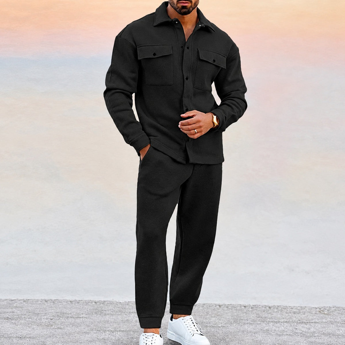 Conjunto deportivo para hombre con chaqueta de botones con bolsillos y pantalones jogger
