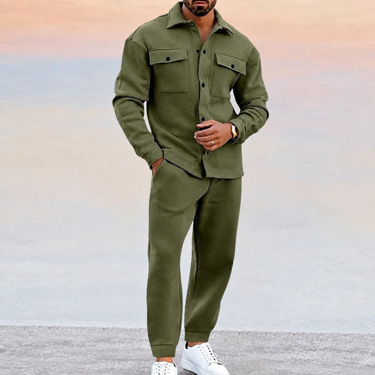Conjunto deportivo para hombre con chaqueta de botones con bolsillos y pantalones jogger