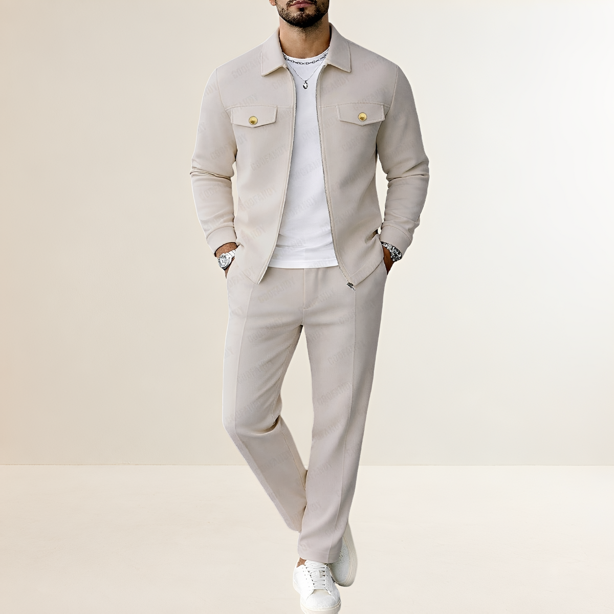 Conjunto para hombre - Chaqueta con cierre de cremallera y bolsillos en el pecho con pantalones de cintura elástica