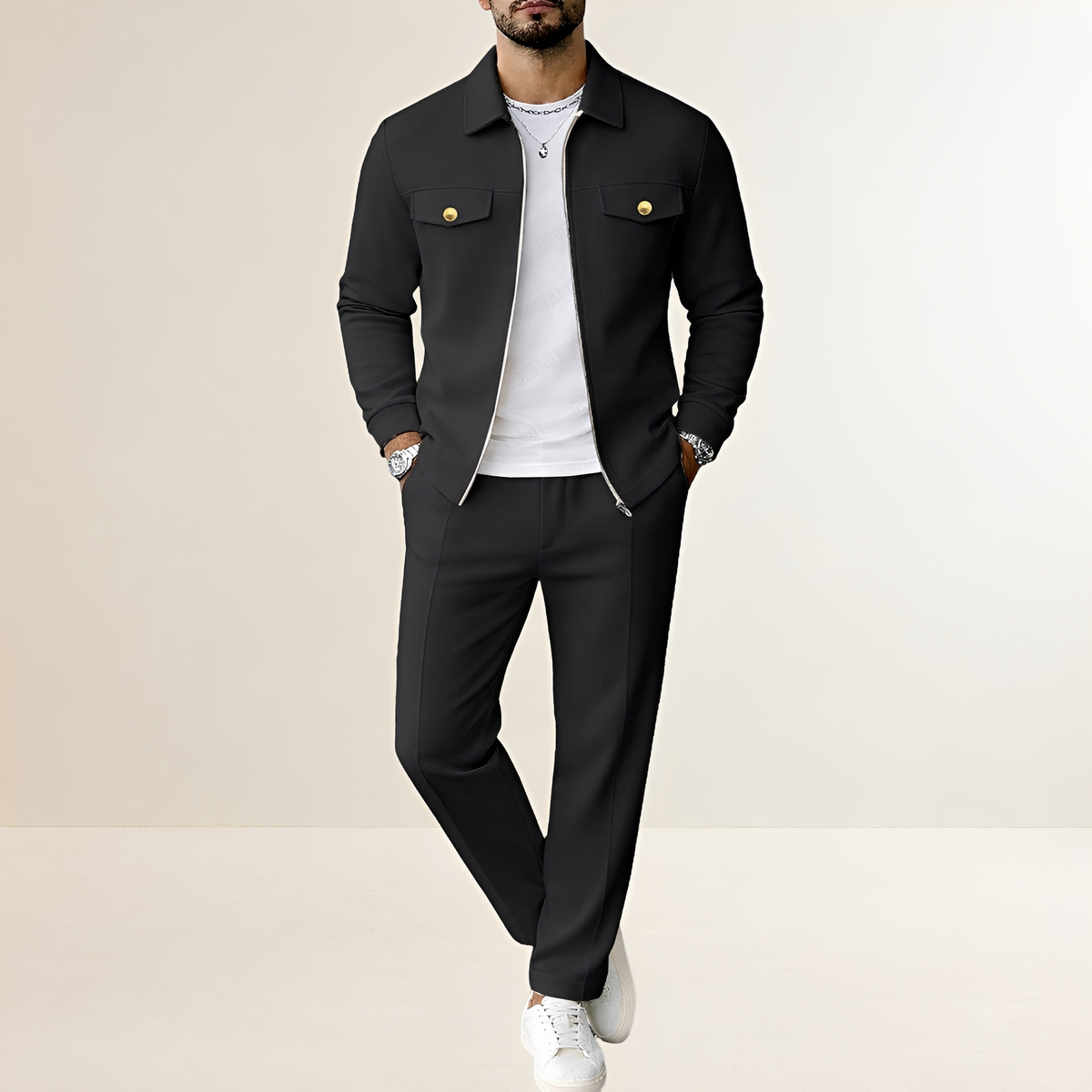 Conjunto para hombre - Chaqueta con cierre de cremallera y bolsillos en el pecho con pantalones de cintura elástica