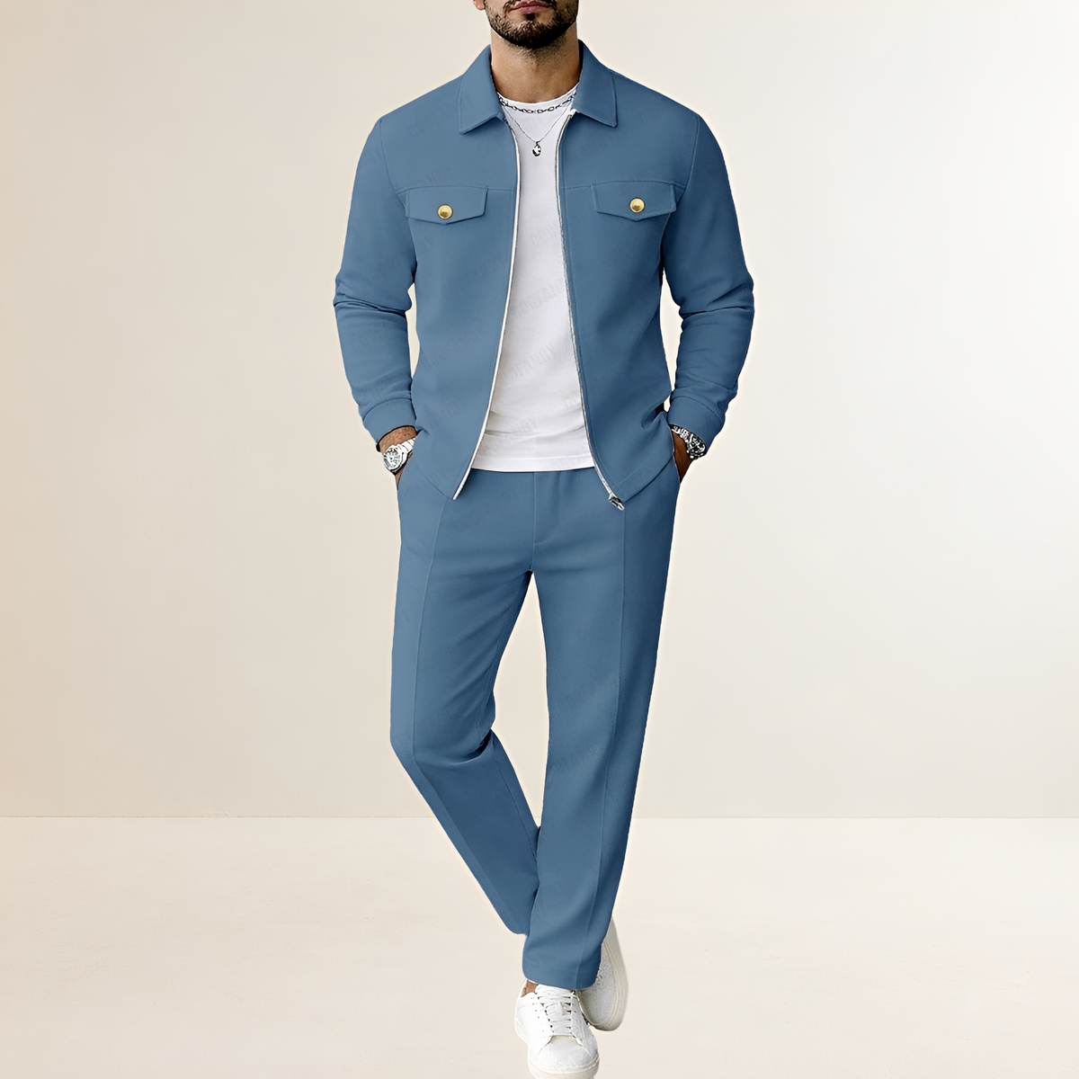 Conjunto para hombre - Chaqueta con cierre de cremallera y bolsillos en el pecho con pantalones de cintura elástica