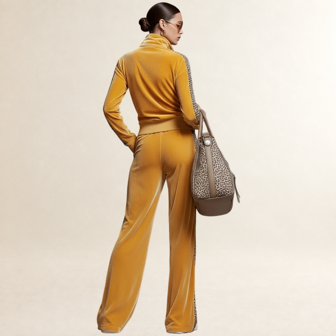 Conjunto para mujer sudadera con media cremallera y estampado de leopardo y pantalones de pierna ancha