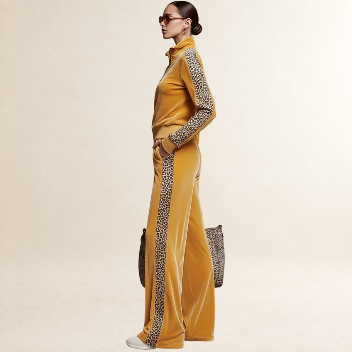 Conjunto para mujer sudadera con media cremallera y estampado de leopardo y pantalones de pierna ancha