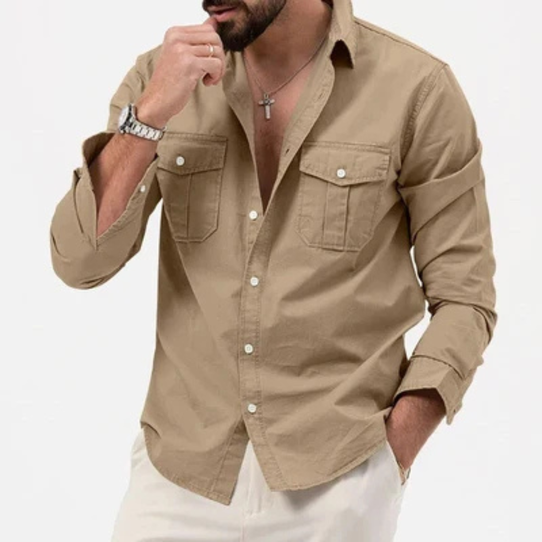 Hombre Camisa de botón manga larga cuello italiano bolsillos doble solapa recto