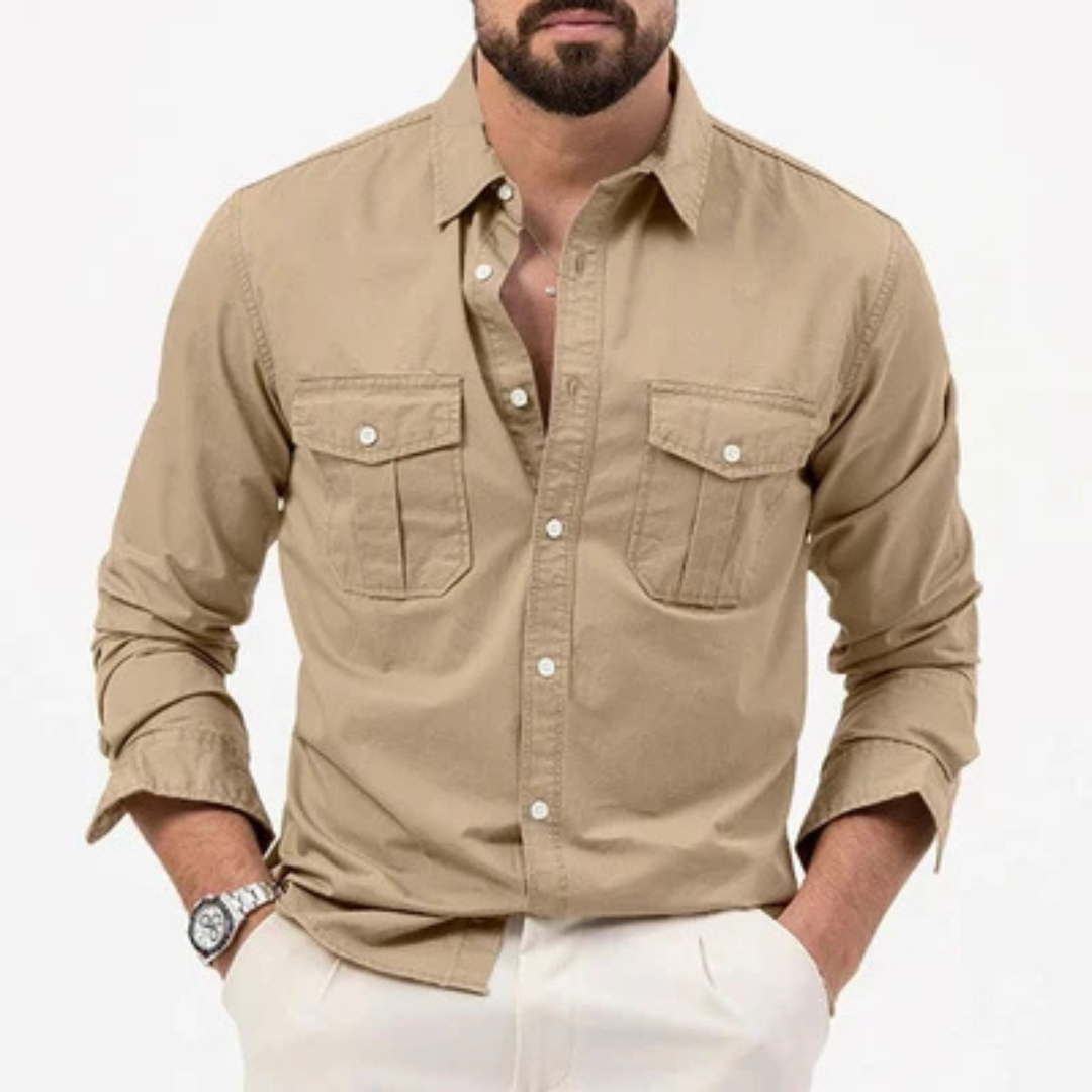 Hombre Camisa de botón manga larga cuello italiano bolsillos doble solapa recto