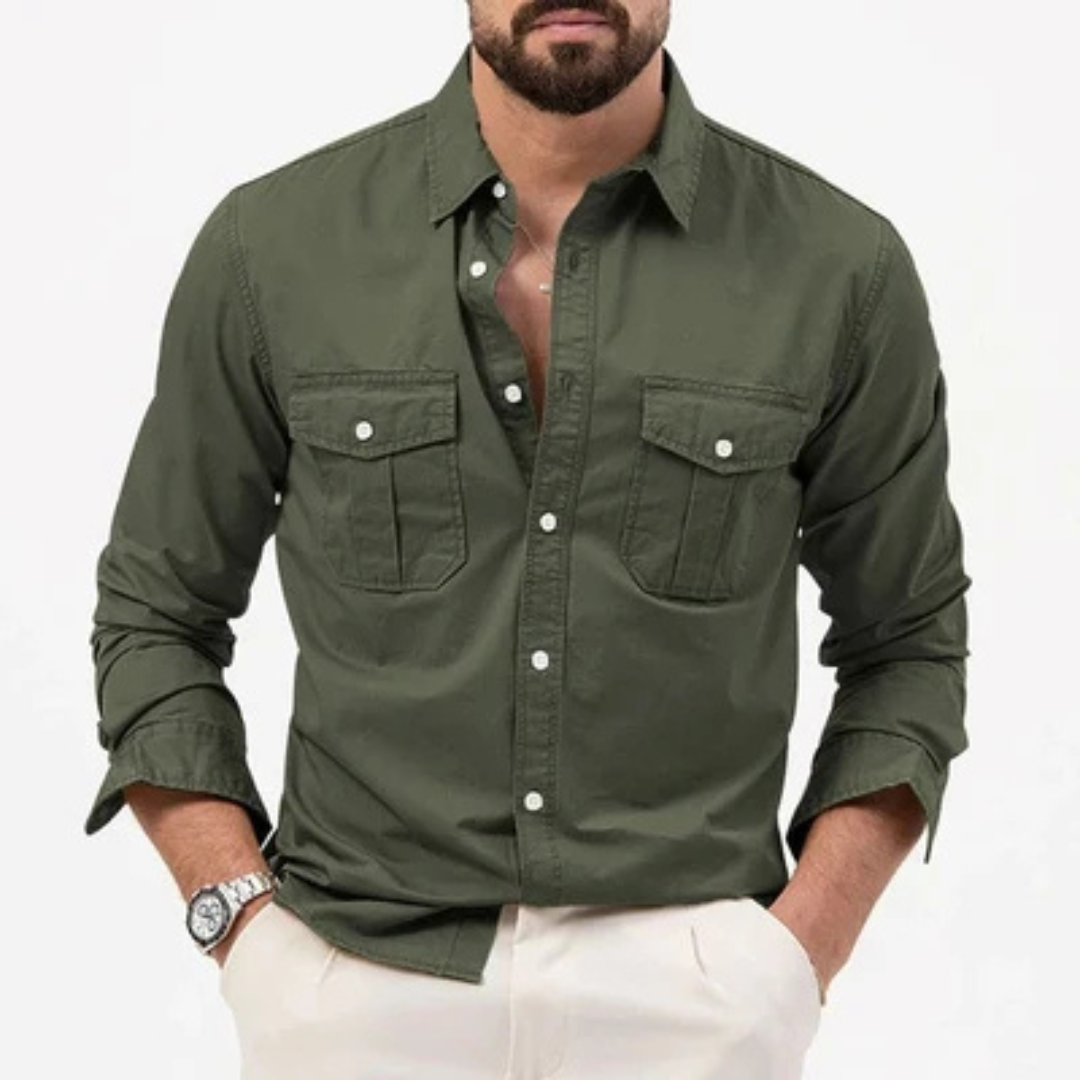 Hombre Camisa de botón manga larga cuello italiano bolsillos doble solapa recto