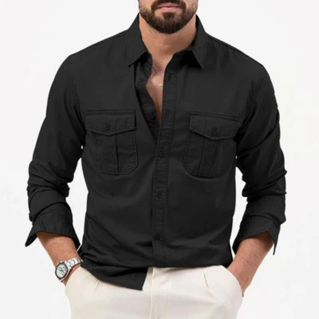 Hombre Camisa de botón manga larga cuello italiano bolsillos doble solapa recto