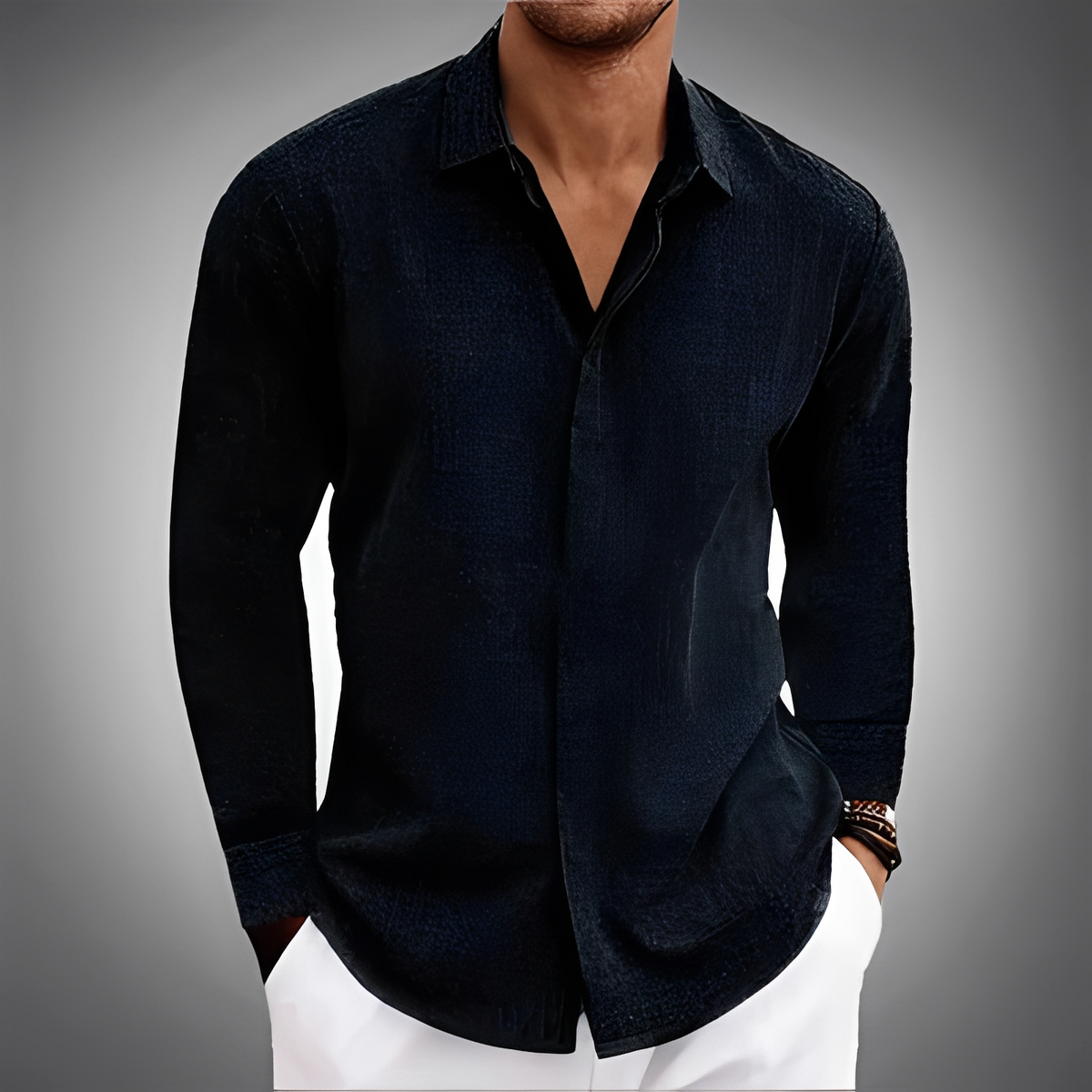 Hombre Camisa de manga larga con cuello puntiagudo y tapeta oculta - relajada recta