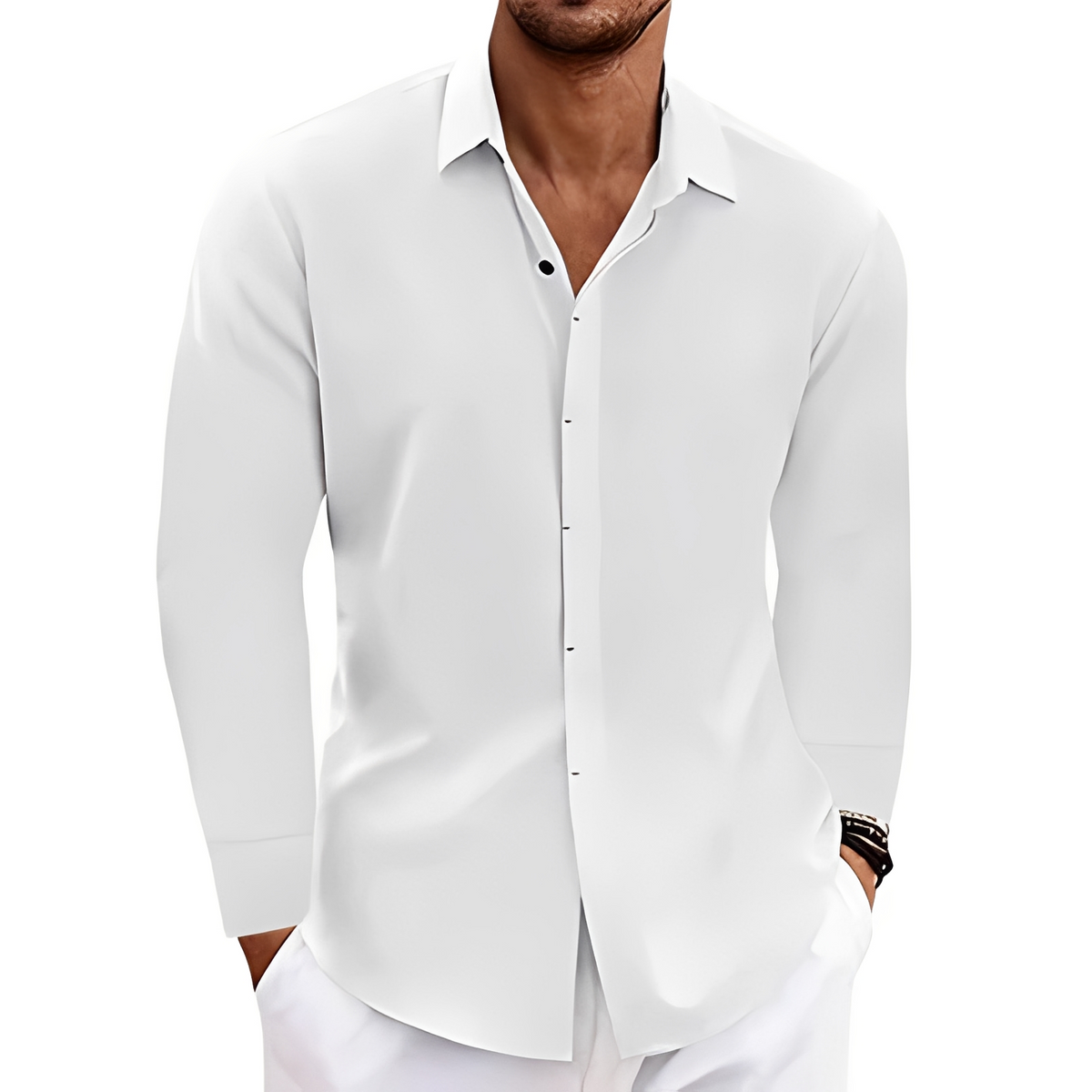 Hombre Camisa de manga larga con cuello puntiagudo y tapeta oculta - relajada recta