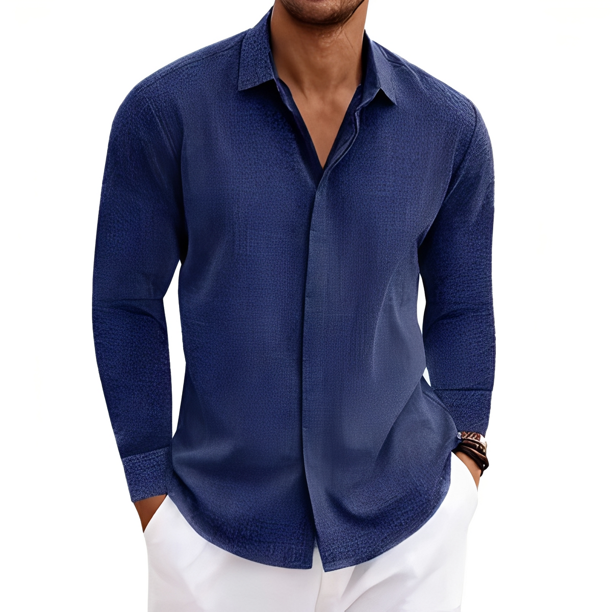 Hombre Camisa de manga larga con cuello puntiagudo y tapeta oculta - relajada recta