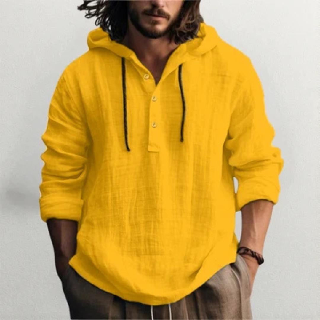 Hooded Henley Shirt para hombre - manga larga con capucha y placket de tres botones