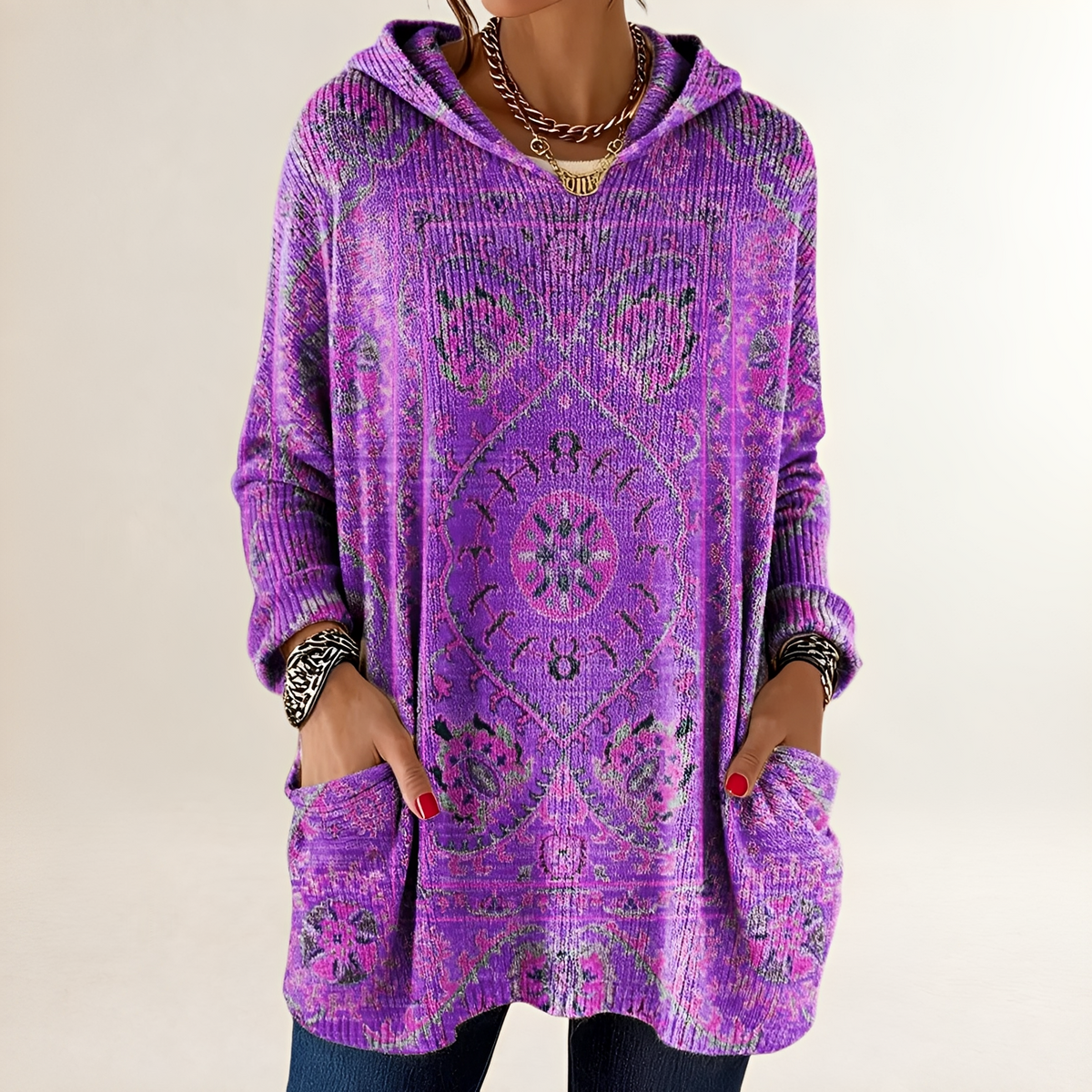 Hoodie Mujer Tunic-Longitud Relajada con Bolsillos