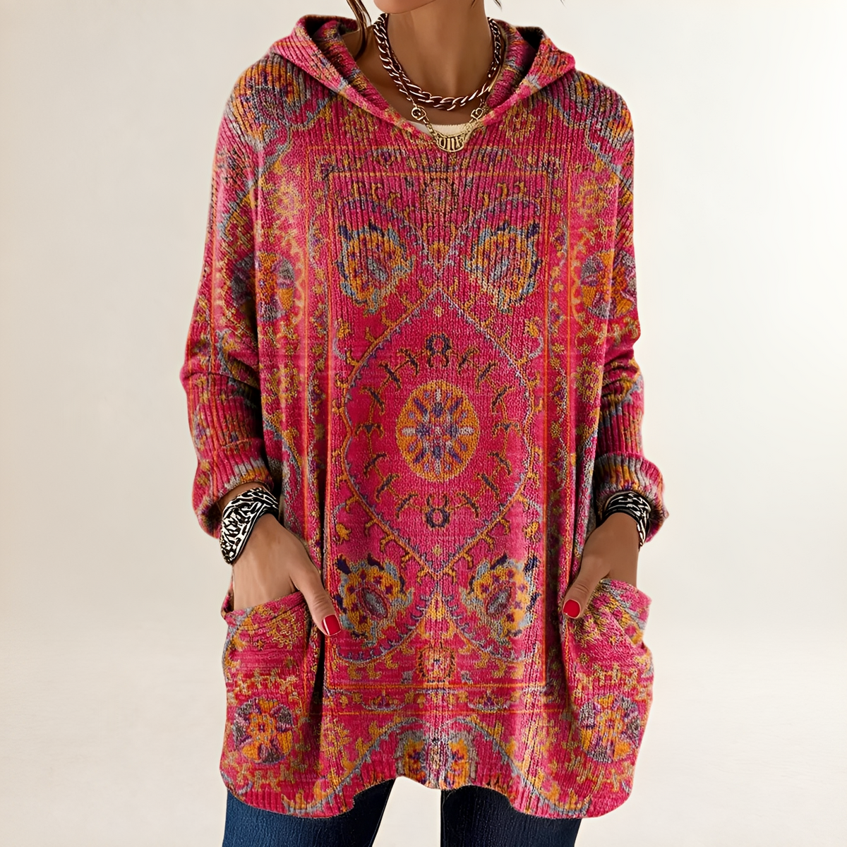 Hoodie Mujer Tunic-Longitud Relajada con Bolsillos
