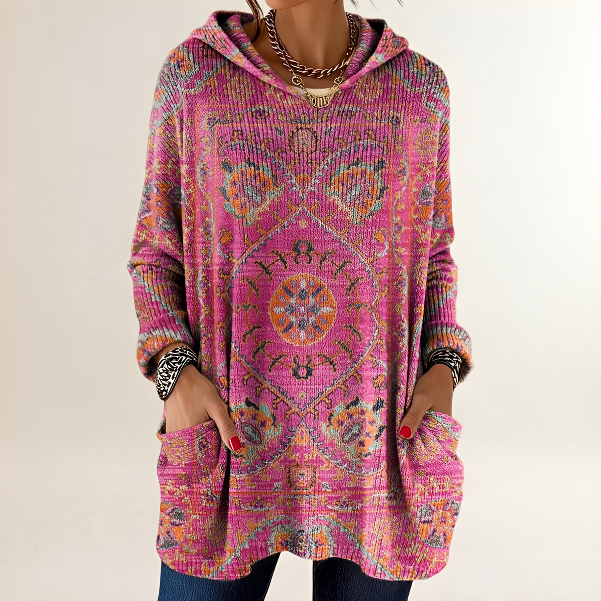 Hoodie Mujer Tunic-Longitud Relajada con Bolsillos