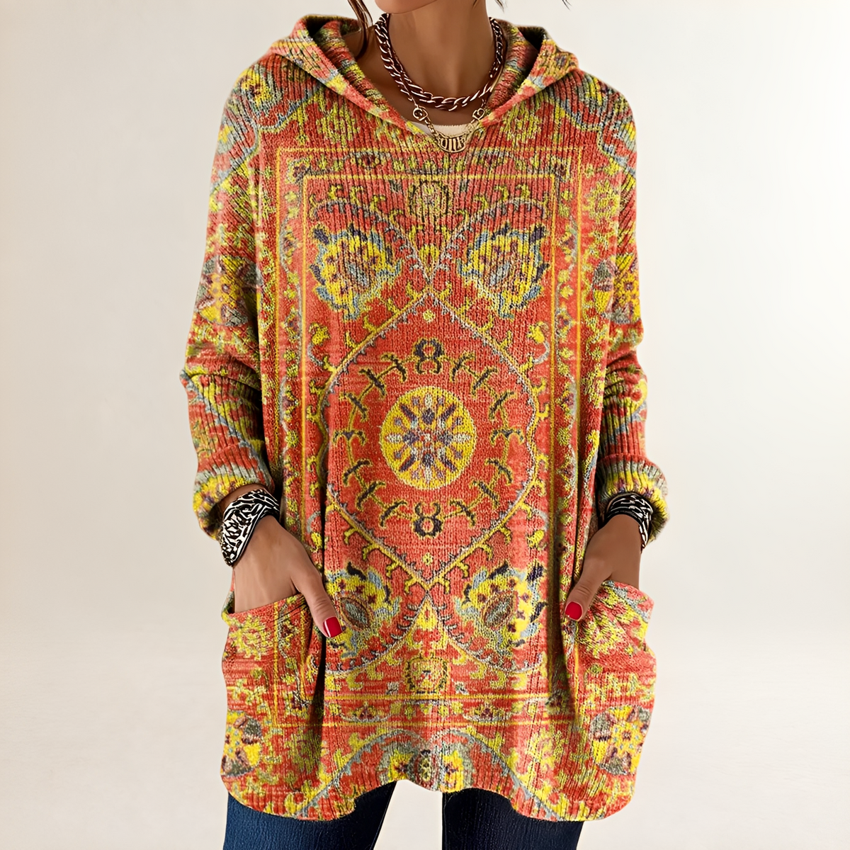 Hoodie Mujer Tunic-Longitud Relajada con Bolsillos