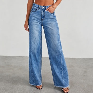 Jeans de mujer de pierna ancha de tiro alto con dobladillo desgastado