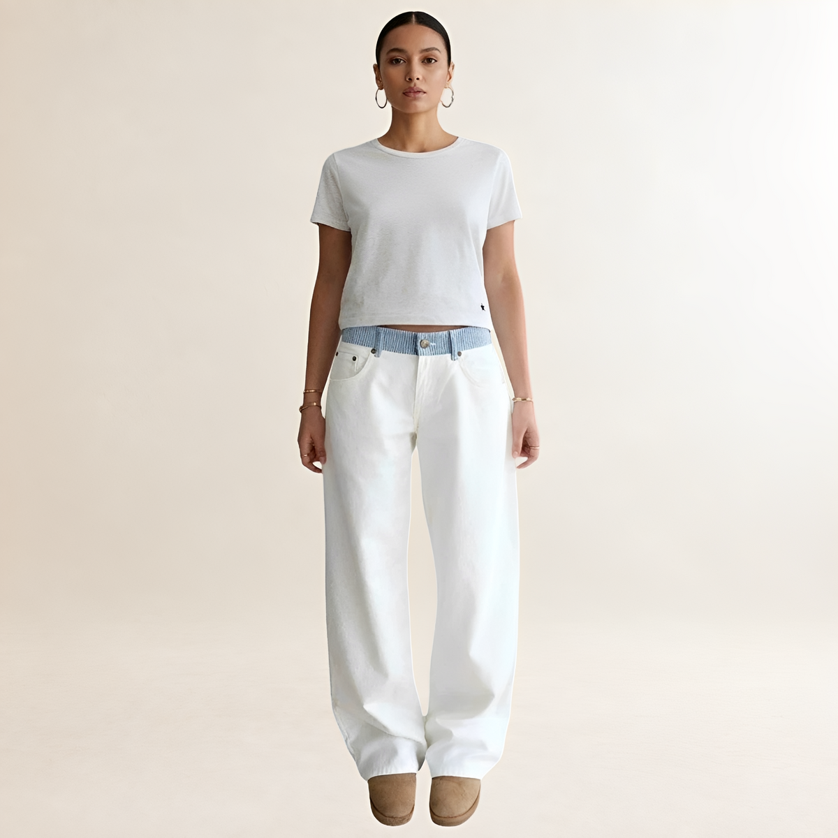 Jeans mujer de pierna ancha cintura contrastada corte relajado