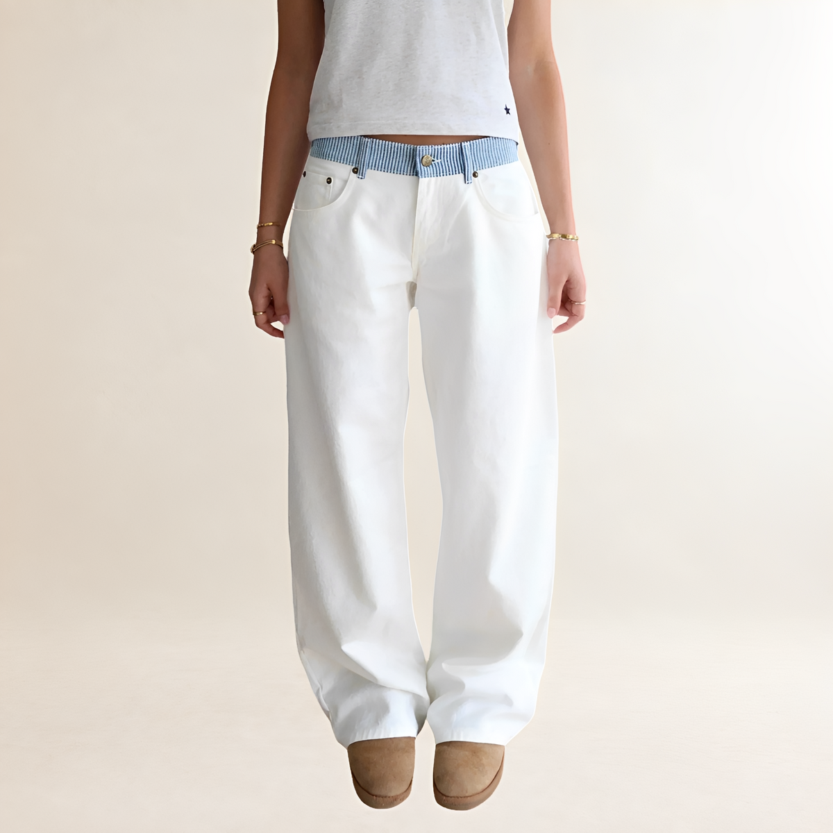 Jeans mujer de pierna ancha cintura contrastada corte relajado