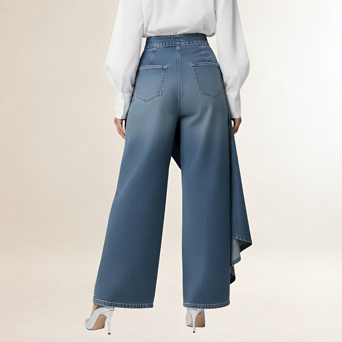 Jeans mujer de tiro alto con sobreposición asimétrica y pernera ancha - ajuste relajado