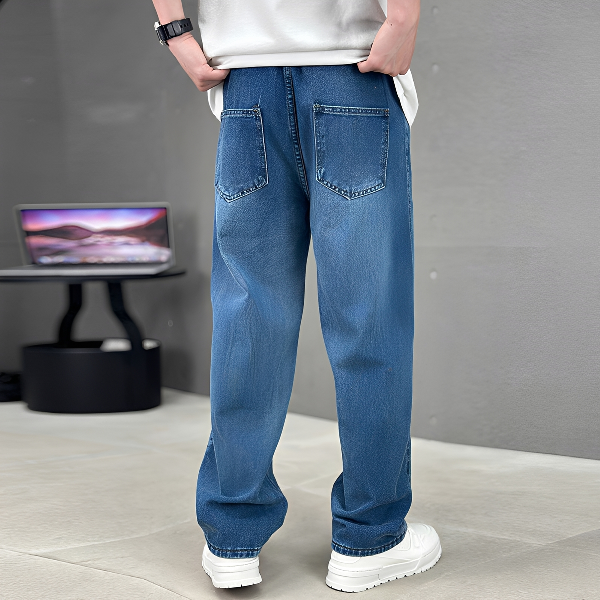 Jeans rectos para hombre ajuste relajado con cierre de botón y cinco bolsillos