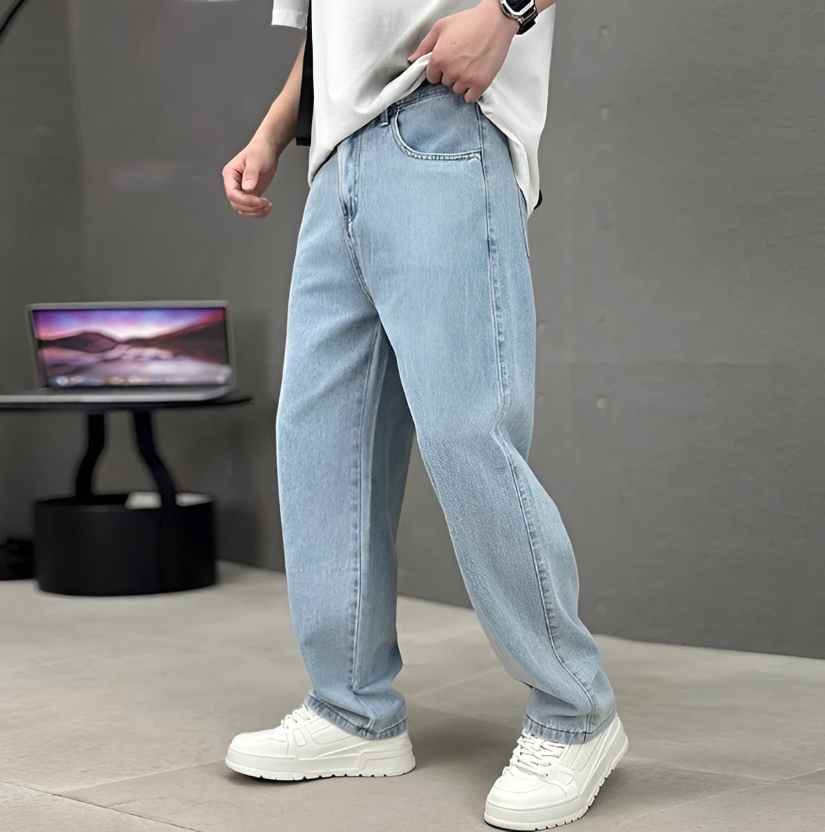 Jeans rectos para hombre ajuste relajado con cierre de botón y cinco bolsillos