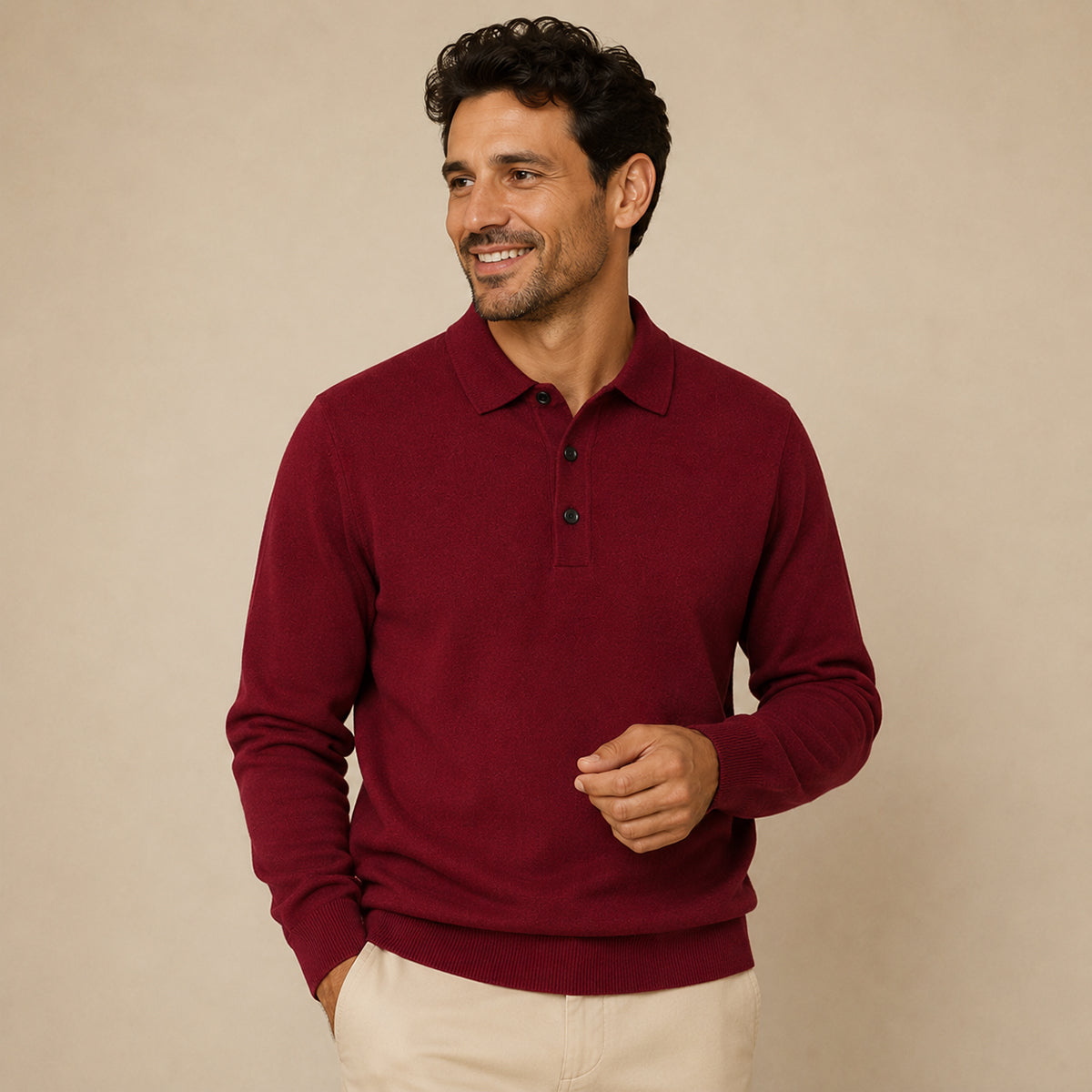 Jersey de polo de hombre con cuello clásico, manga larga y ajuste entallado