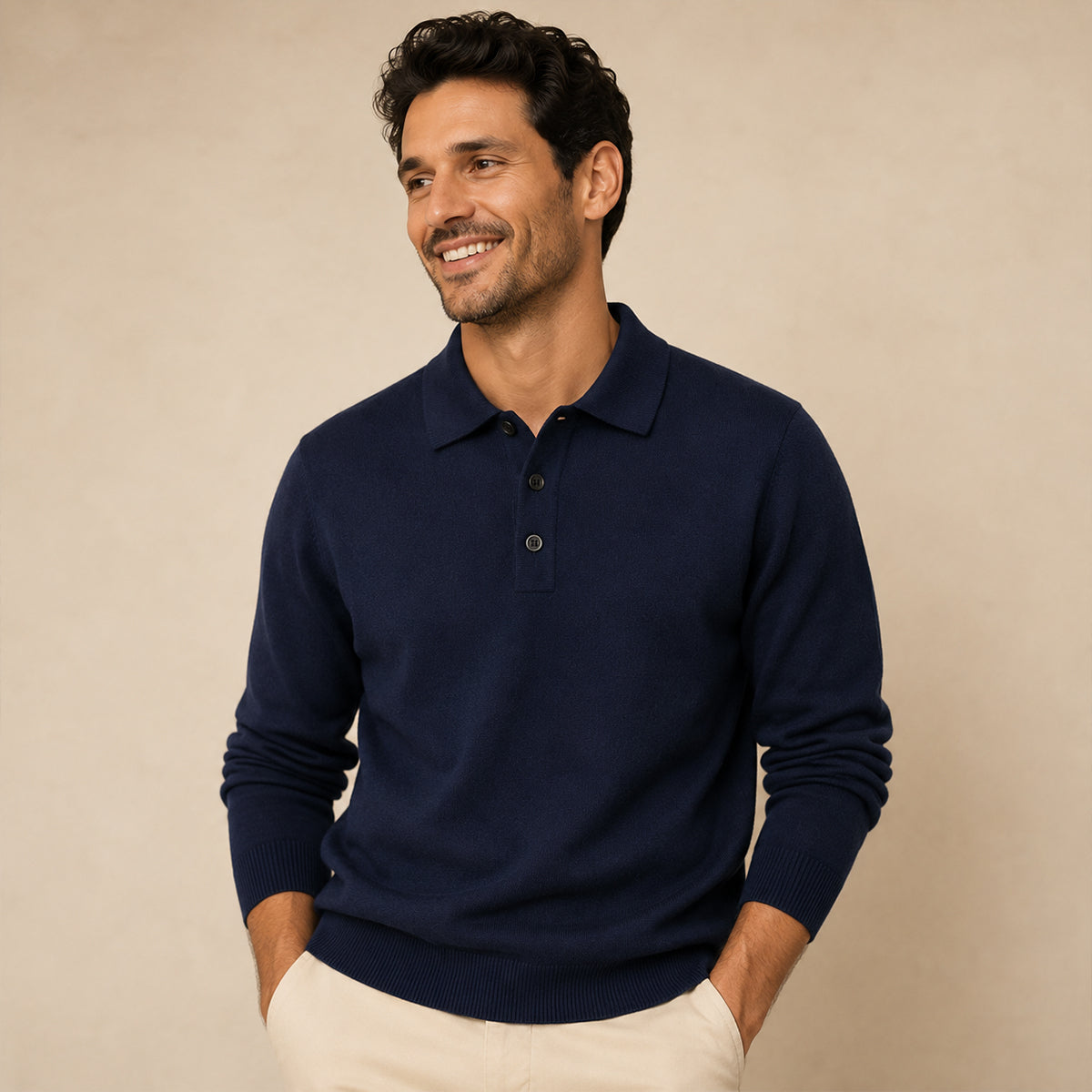 Jersey de polo de hombre con cuello clásico, manga larga y ajuste entallado