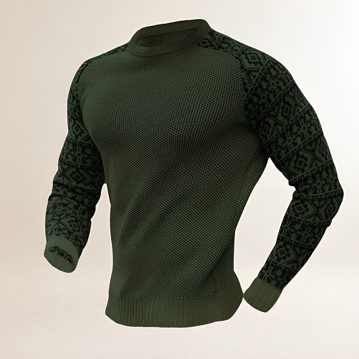 Jersey para hombre con mangas raglán de estilo Fair Isle en contraste, cuello redondo y corte regular