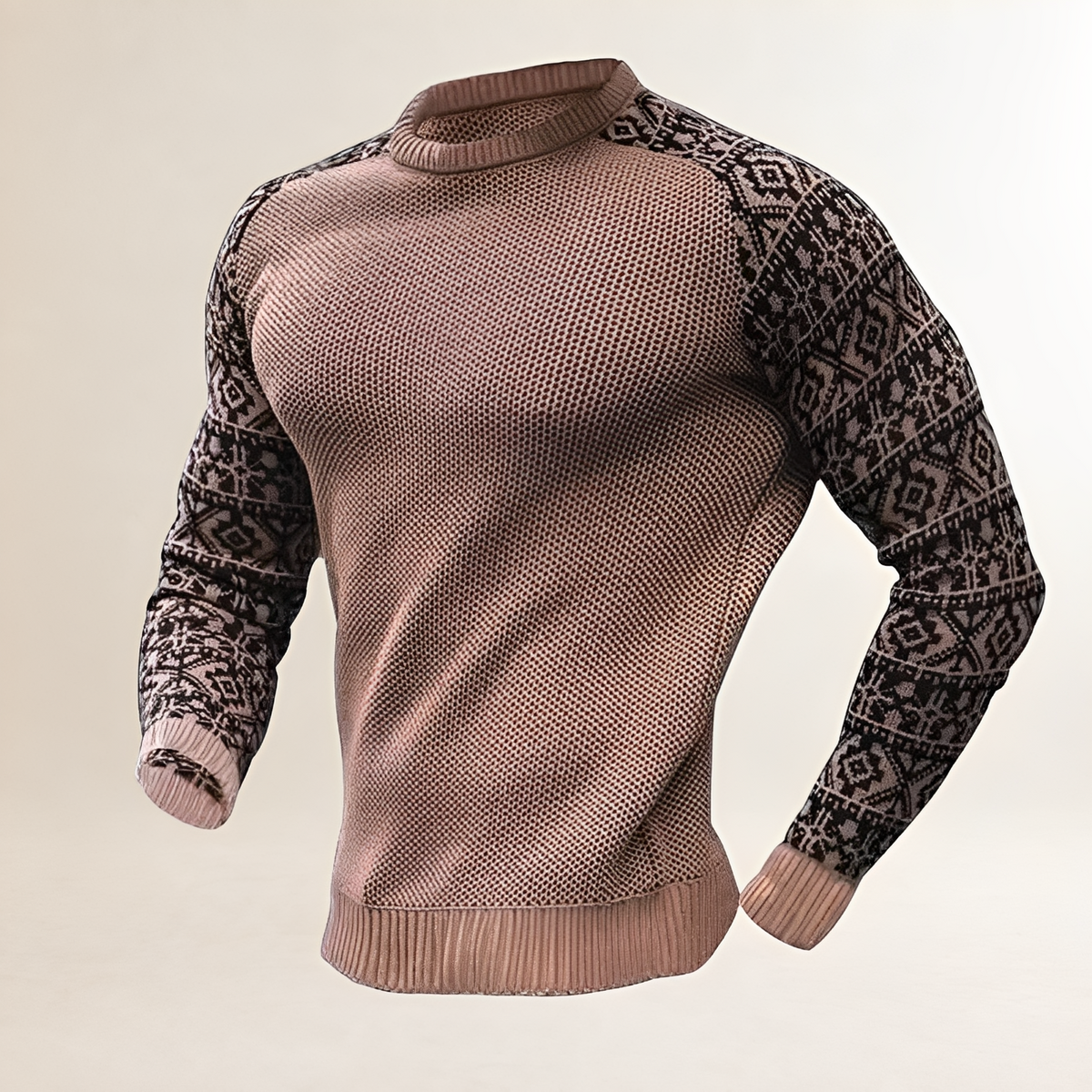Jersey para hombre con mangas raglán de estilo Fair Isle en contraste, cuello redondo y corte regular