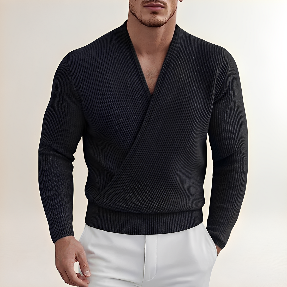 Jersey para hombre - Pulóver de cuello cruzado con textura acanalada y mangas largas