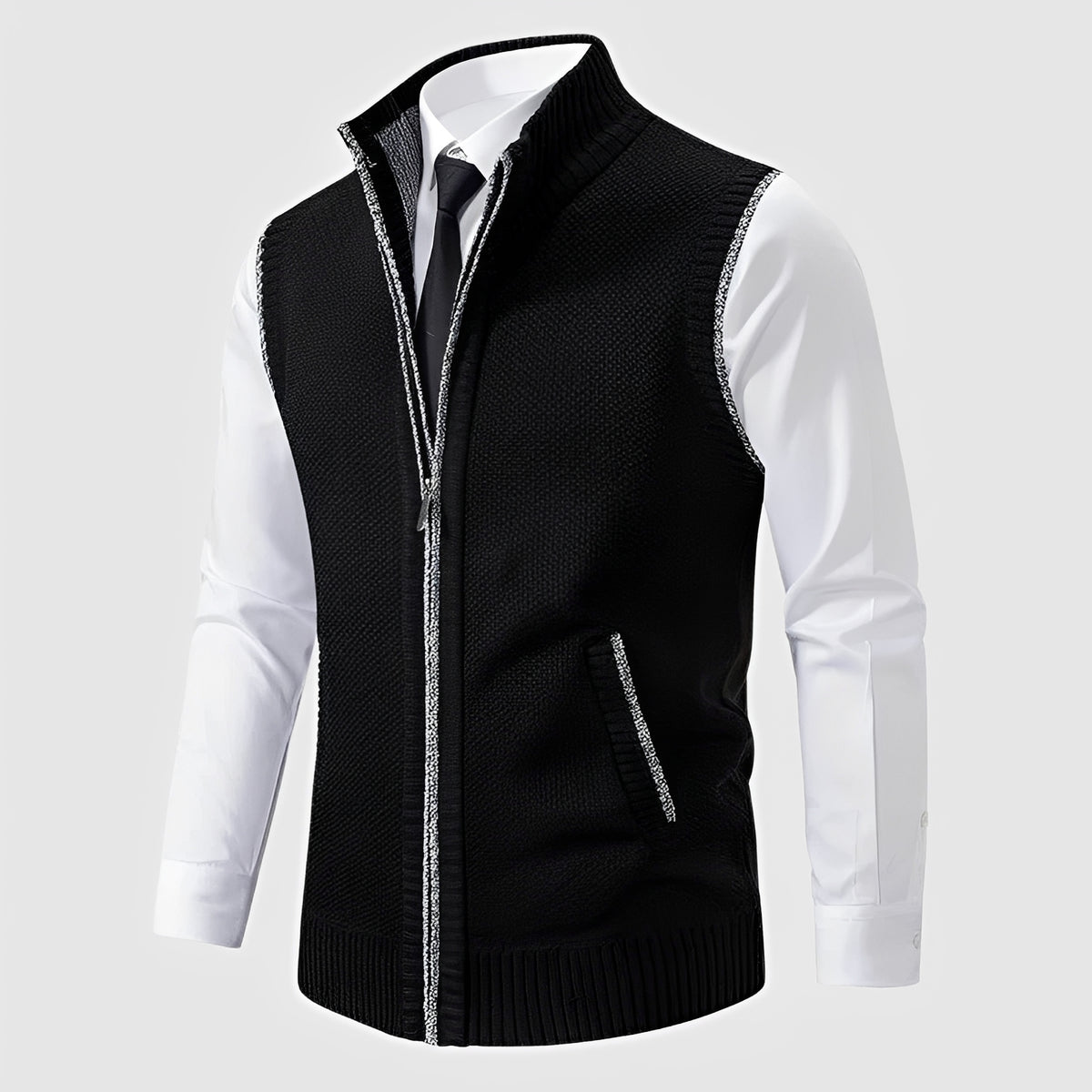 Jersey sin mangas con cremallera para hombre con cuello reverso y bolsillos laterales