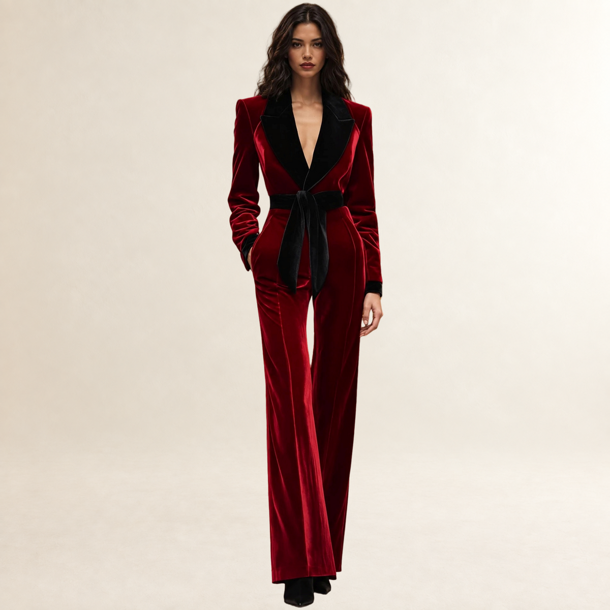 Mono de mujer con solapa, cinturón y pantalón de pierna ancha