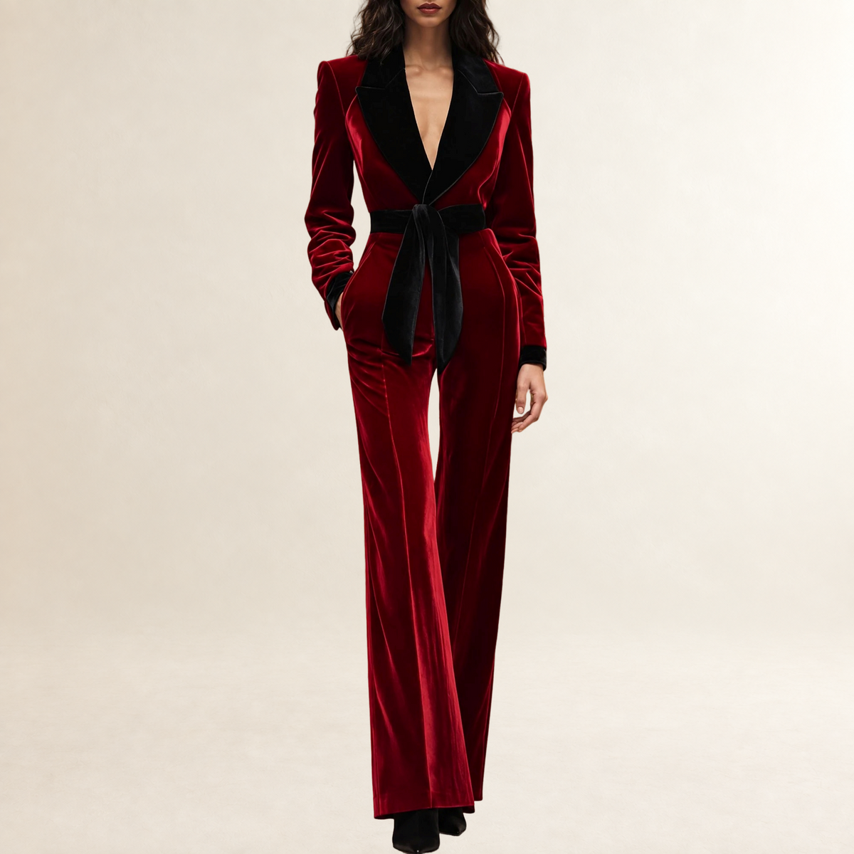 Mono de mujer con solapa, cinturón y pantalón de pierna ancha