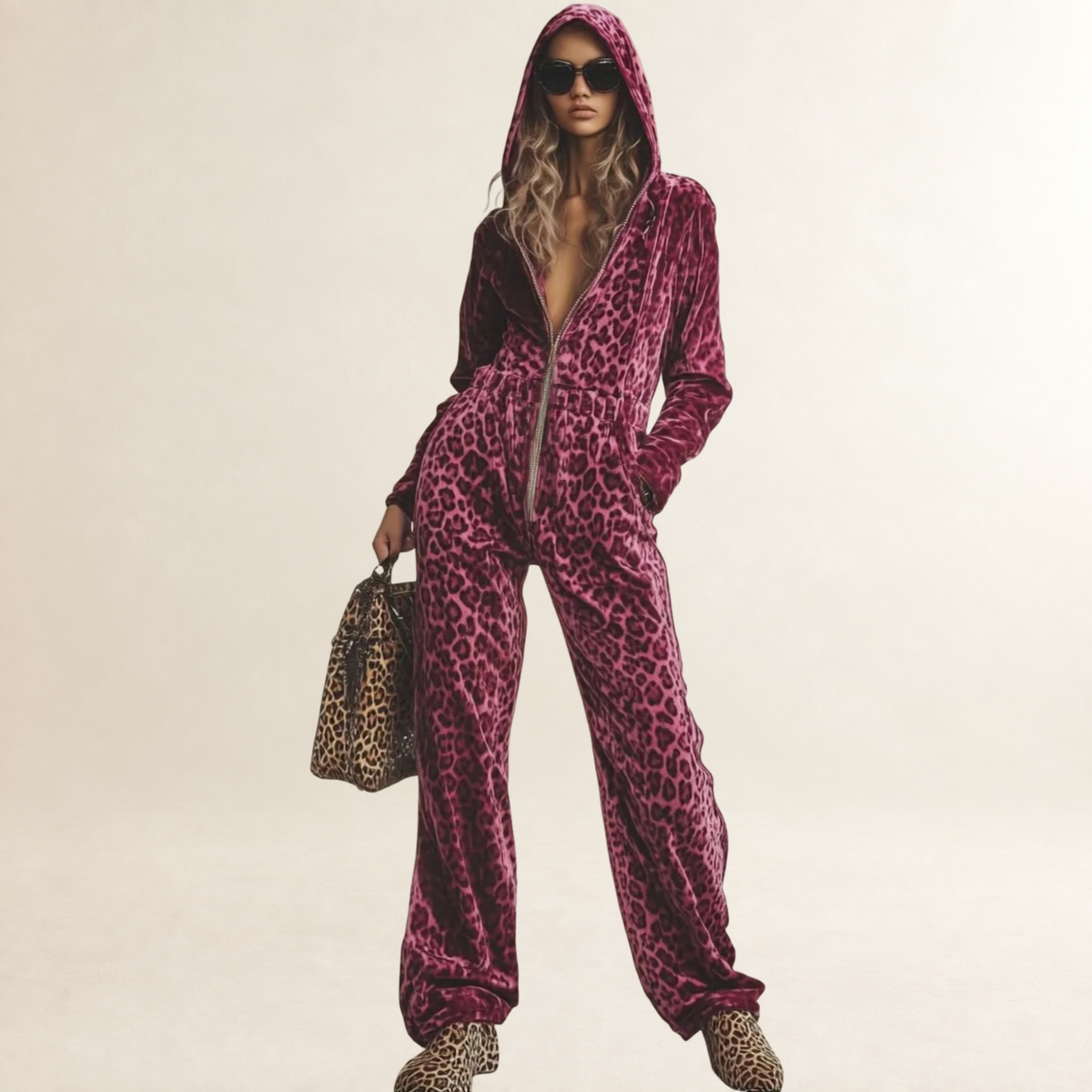 Mono mujer con estampado leopardo y capucha con cremallera ajuste holgado