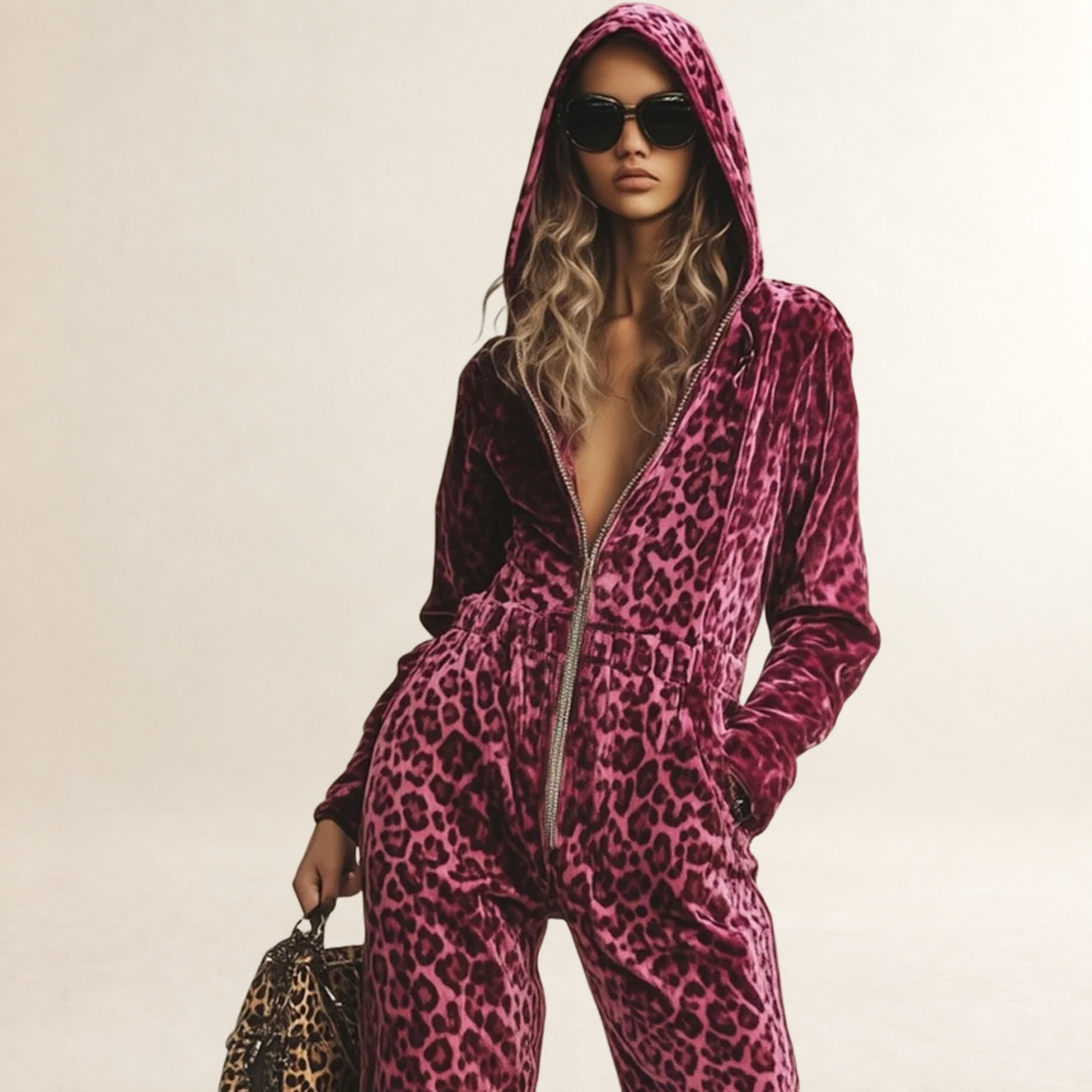 Mono mujer con estampado leopardo y capucha con cremallera ajuste holgado