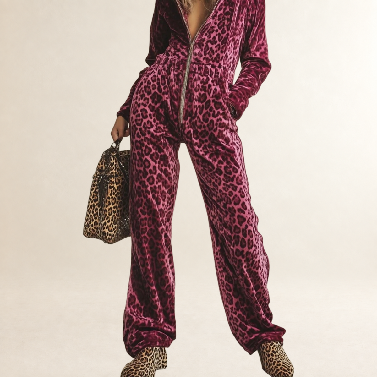 Mono mujer con estampado leopardo y capucha con cremallera ajuste holgado