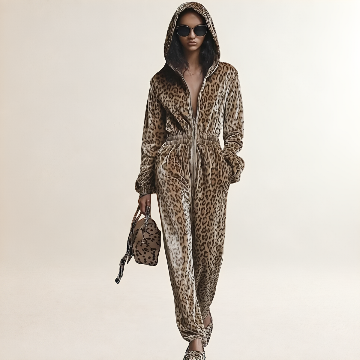 Mono para mujer de corte holgado con estampado de leopardo, capucha y cierre de cremallera