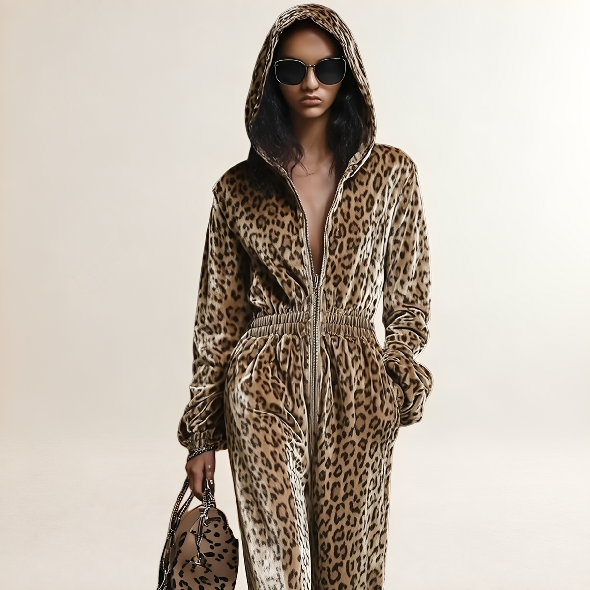 Mono para mujer de corte holgado con estampado de leopardo, capucha y cierre de cremallera