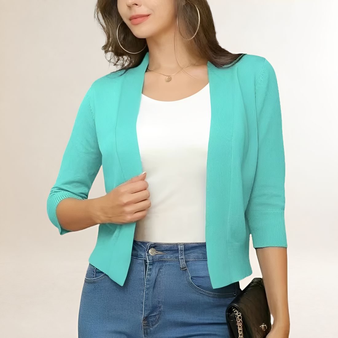 Mujer Blazer corto sin cuello con abertura y manga 3/4, diseño limpio y estructurado