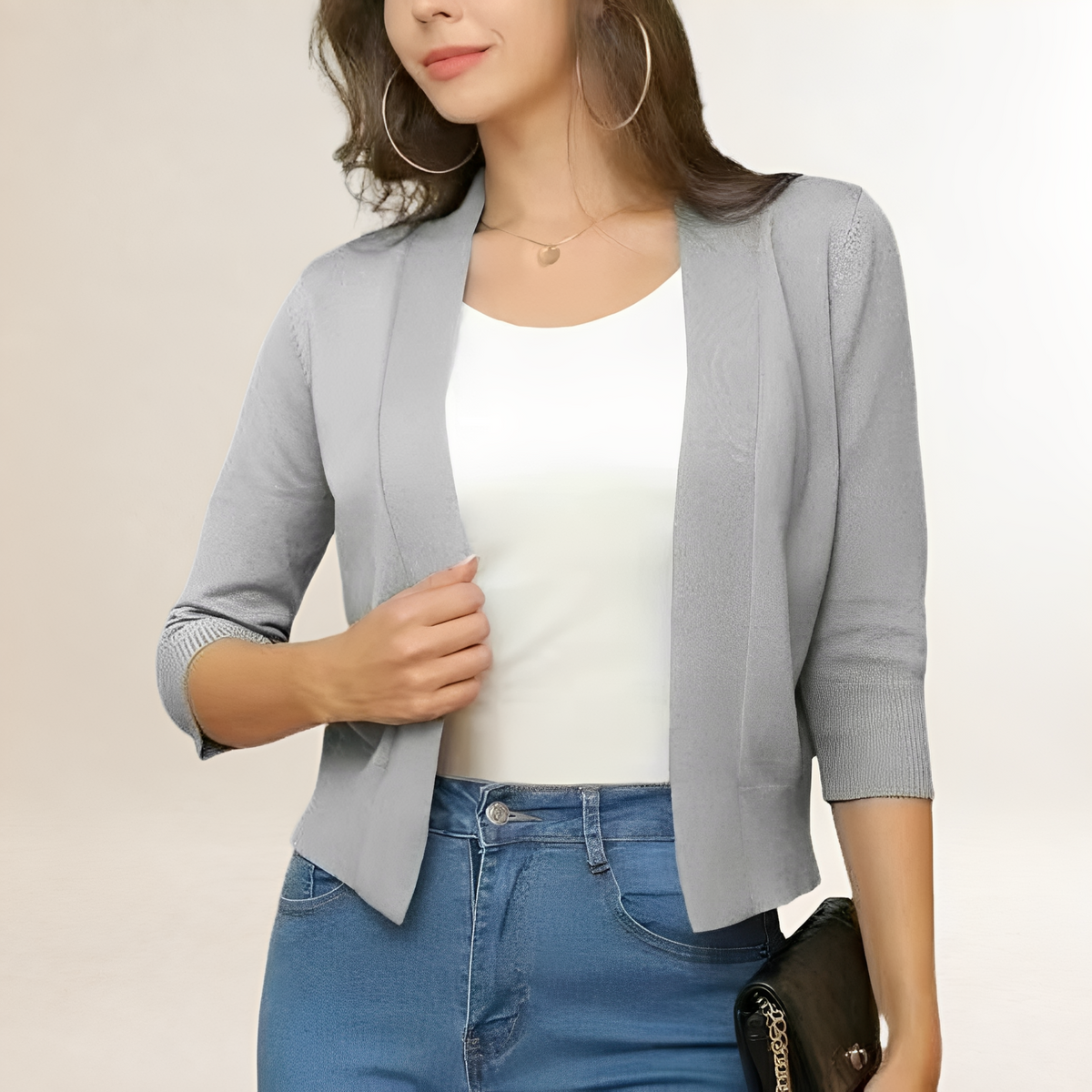 Mujer Blazer corto sin cuello con abertura y manga 3/4, diseño limpio y estructurado