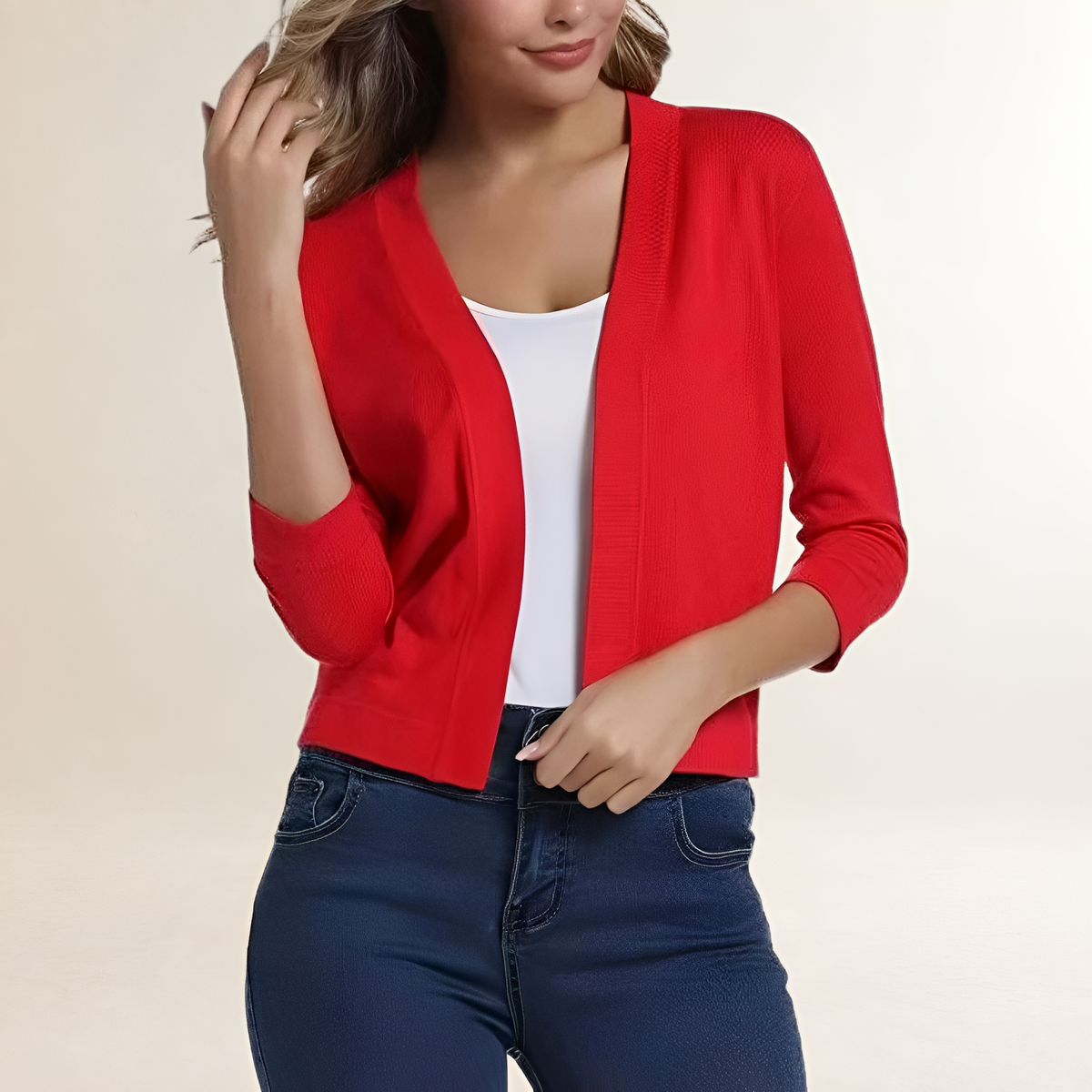 Mujer Blazer corto sin cuello con abertura y manga 3/4, diseño limpio y estructurado