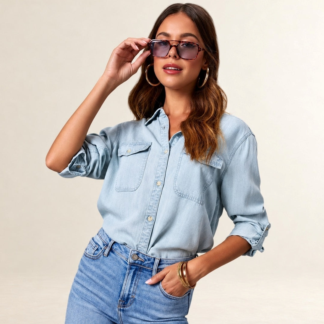 Mujer Camisa botones delantero con bolsillos en pecho y mangas con pliegues ajustables - corte relajado