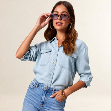 Mujer Camisa botones delantero con bolsillos en pecho y mangas con pliegues ajustables - corte relajado