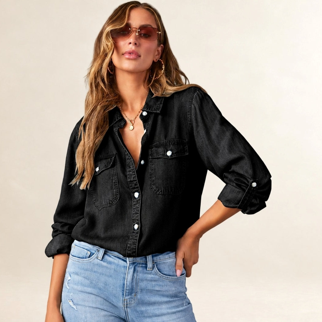 Mujer Camisa botones delantero con bolsillos en pecho y mangas con pliegues ajustables - corte relajado