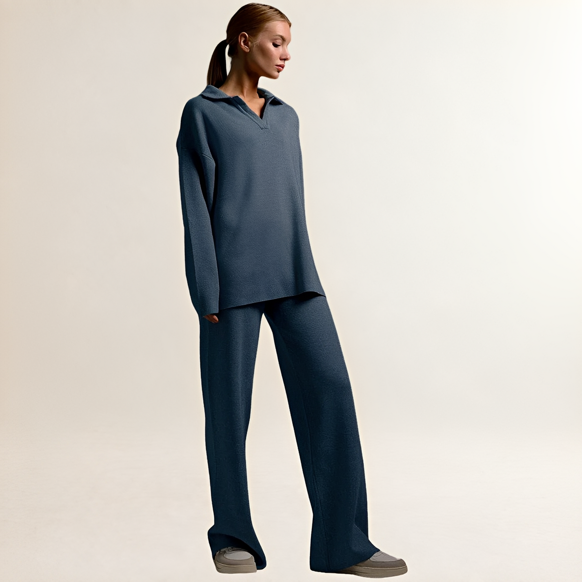 Mujer Conjunto de loungewear: top polo oversize y pantalón de pierna ancha