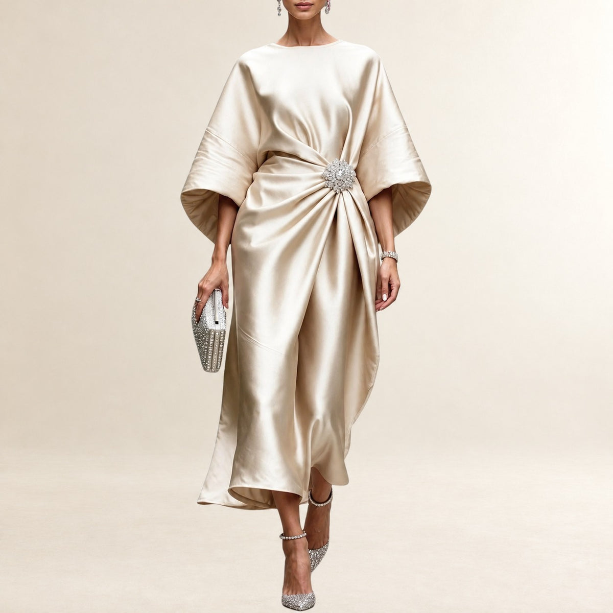 Mujer Vestido midi con cuello barco y mangas kimono amplias